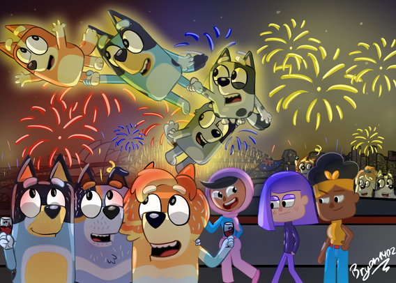 Before the new year starts, Bluey flying with her sisters on New Year's Eve, but wait..., The Duolingo ones?, WHAT..., I can't believe it, but it was added with some friends on Discord, mind you, that was the first drawing on Patreon that I drew

#Fanart #Myart #Duolingo #Bluey #NewYear #Bingo #Muffin #Socks 