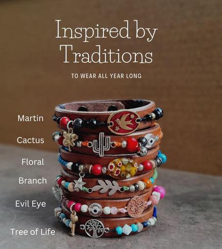 A stack of handmade charm bracelets