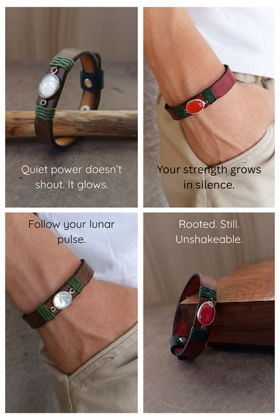 photo collage of man wearing leather gemstone bracelets