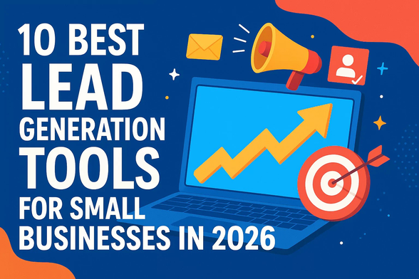 Banner image for article titled 10 Best Lead Generation Tools for Small Businesses in 2026, featuring bold white text on a blue background, a laptop with an upward arrow chart, a target with an arrow, an envelope, and a megaphone symbolizing digital marketing and growth. 