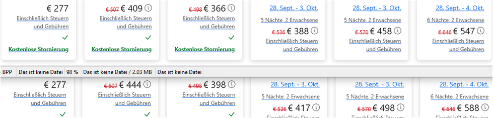 Preisvergleichstabelle: 409€ zu 444€, 366€ zu 398, 388 zu 417, 458 zu 498, 547 zu 588.