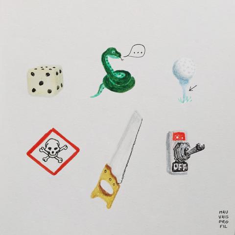 Rebus : un dé, le son du serpent, un tee de golf, un picto danger de mort, une sci, un bouton on off sur on