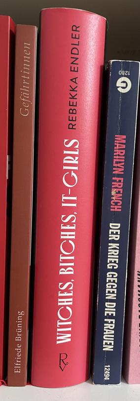 Die Buchrücken der drei genannten Bücher im Regal.