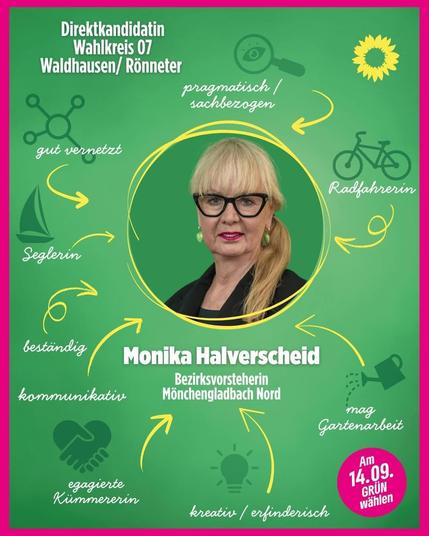 Wahlplakat der Grünen für Monika Halverscheid, Direktkandidatin im Wahlkreis 07 Waldhausen/Rönneter, Bezirksvorsteherin Mönchengladbach Nord. In der Mitte ein Porträt von Monika Halverscheid mit Brille, blonden Haaren und Pferdeschwanz. Rund um sie stehen Schlagworte mit Symbolen: „pragmatisch/sachbezogen“, „Radfahrerin“, „mag Gartenarbeit“, „kreativ/erfinderisch“, „engagierte Kümmererin“, „kommunikativ“, „beständig“, „Seglerin“, „gut vernetzt“. Oben rechts das Logo von Bündnis 90/Die Grünen, unten rechts ein Kreis mit dem Hinweis „Am 14.09. GRÜN wählen“. Hintergrund grün mit pinkem Rand.