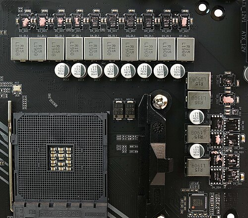 Voltage regulator module for a Gigabyte Aorus X570 motherboard running on AMD Socket AM4