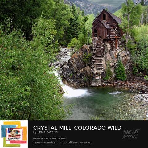   Historic Crystal Mill perched above a rushing river, surrounded by lush forest and mountain peaks in Colorado. 