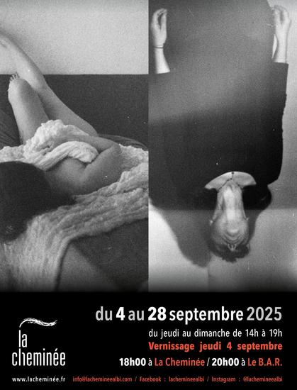 Affiche de l'exposition, une femme allongée sur un lit et une femme la tête en bas habillée en noir