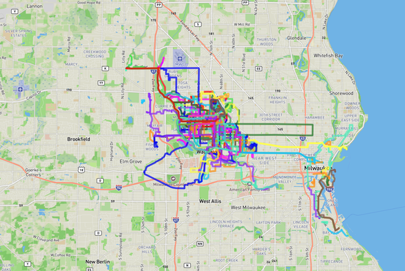 A map showing where I rode my bike around the Milwaukee area.