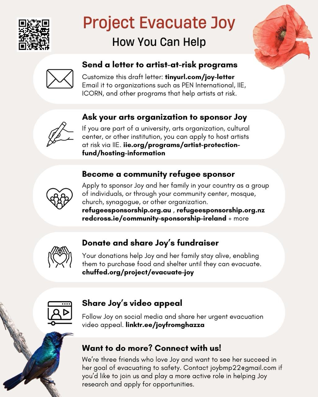A flyer outlining ways to support Joy at https://linktr.ee/joyfromghazza