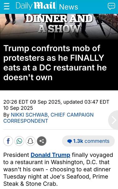 Screenshot of a news story in the Daily Mail with the headline "Trump confronts mob of protesters as he FINALLY eats at a DC restaurant he doesn't own"