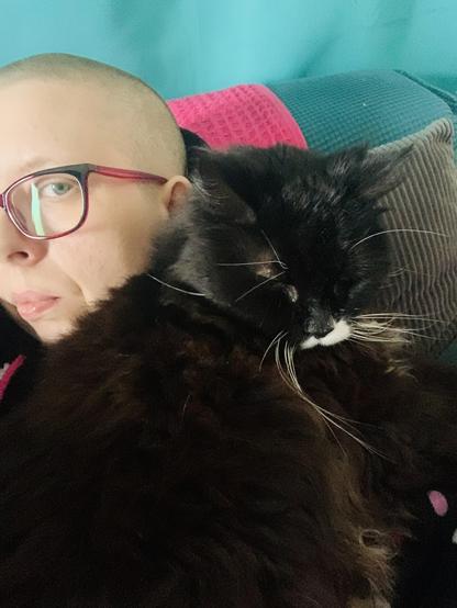 Fluffy tuxedo cat, snuggling into the shoulder of a nonbinary person, with a shaved head and glasses.