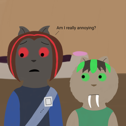 Drawing of Owen looking down sadly, not looking at Ryden and says "Am I really annoying?". Ryden is looking at Owen with a neutral expression