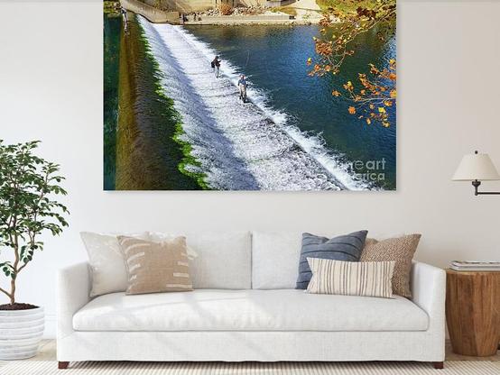 Some fly fishermen stand on the waterfall dam at Bennett Spring State Park near Lebanon, Missouri
@fineartamerica 
https://5-jennifer-white.pixels.com/featured/anglers-on-a-flowing-stream-jennifer-white.html
#mancave #fishing #fishermen #buyintoart #artforsale