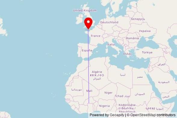 A map showing the great circle route from Leo in Burkina Faso to a map pin at Notre Dame du Rosaire, Burnt Lane, St Peter Port, GY1 3LL, Guernsey, Channel Islands