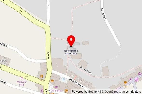 A zoomed out map with a pin at the position of Notre Dame du Rosaire, Burnt Lane, St Peter Port, GY1 3LL, Guernsey, Channel Islands