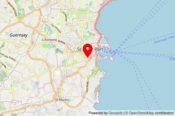 A partially zoomed out map with a pin at the position of Notre Dame du Rosaire, Burnt Lane, St Peter Port, GY1 3LL, Guernsey, Channel Islands