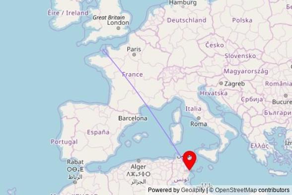 A map showing the great circle route from St Peter Port in Guernsey to a map pin at Great Mosque, 1 نهج البرج العثماني, 5100 Mahdia, Tunisia