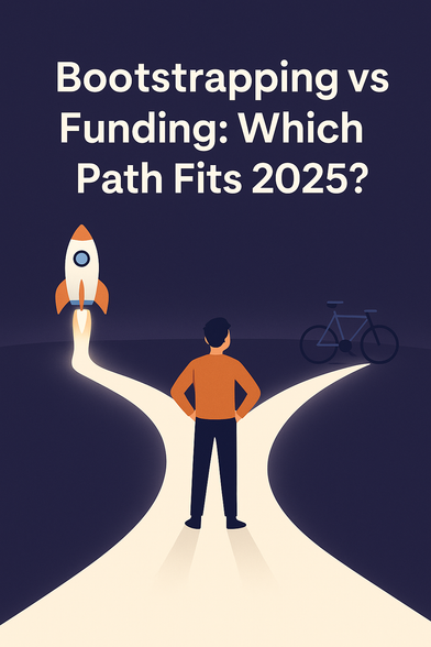 Minimalist illustration of a young founder standing at a glowing fork in the road. One path leads to a rocket symbolizing external funding, while the other leads to a bicycle symbolizing bootstrapping.