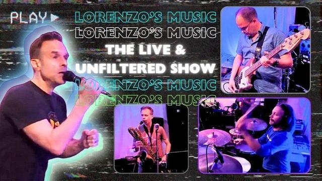 People playing instruments with text in the picture