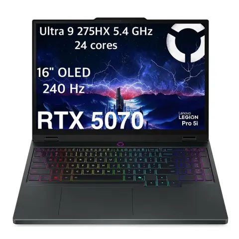 PC portable gamer Lenovo Legion Pro 5i Gen 10 (2025) avec processeur Intel Core Ultra 9 275HX, RTX 5070, 32 Go DDR5 et écran OLED 16 pouces QHD+ 240 Hz.