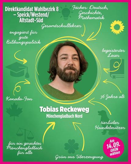 Wahlplakat der Grünen Mönchengladbach. In der Mitte ist Tobias Reckeweg mit Bart und mittellangen Haaren zu sehen. Oben links steht: „Direktkandidat Wahlbezirk 8 – Speick/Westend/Altstadt-Süd“. Um ihn herum sind Schlagworte und Symbole platziert: „Gesamtschullehrer“ (mit Glühbirne), „Fächer: Deutsch, Geschichte, Mathematik“, „engagiert für gute Bildungspolitik“ (mit Doktorhut), „Kanada-Fan“ (mit Ahornblatt), „begeisterter Leser“ (mit Buchsymbol), „36 Jahre alt“, „tierlieber Hundebesitzer“ (mit Hundesilhouette), „für ein gerechtes Mönchengladbach für alle“ (mit Waage), „Grün aus Überzeugung“ (mit Kleeblatt). Unten steht der Name „Tobias Reckeweg – Mönchengladbach Nord“. Rechts unten in einem pinken Kreis: „Am 14.09. GRÜN wählen“.