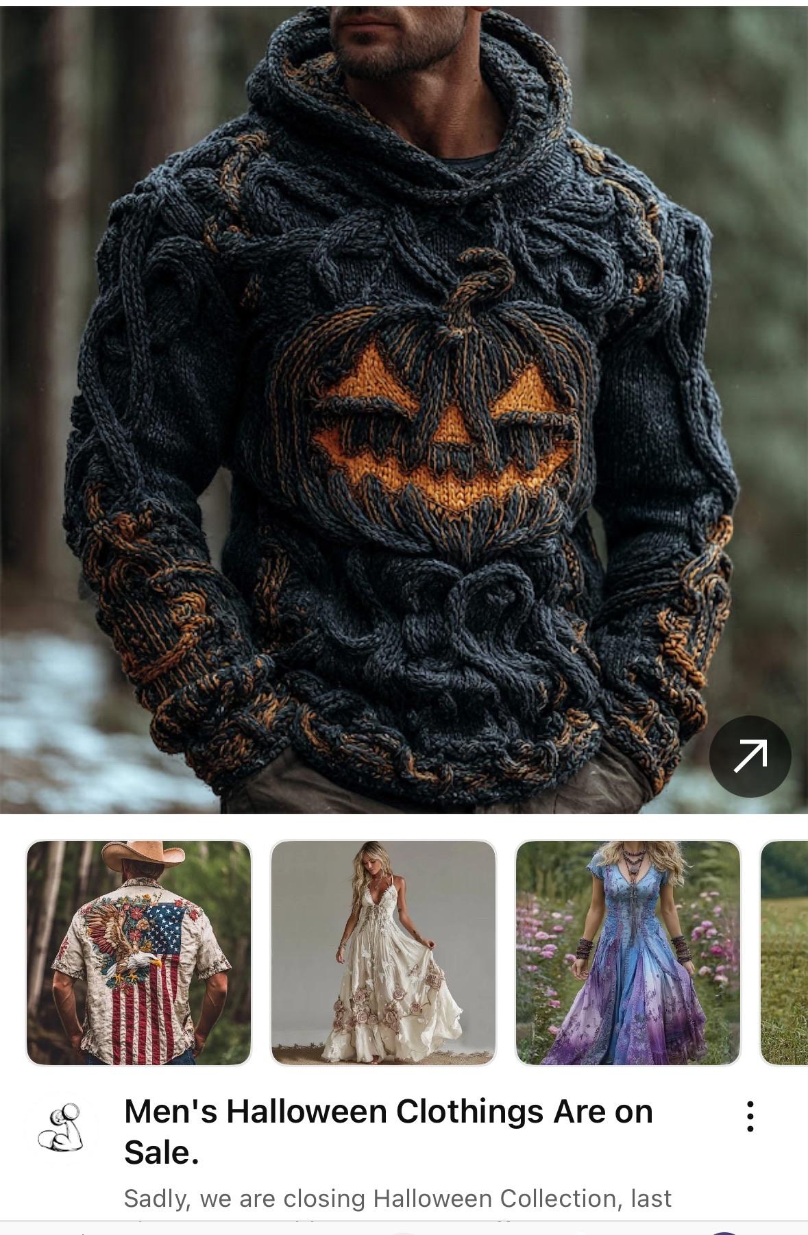 A man is wearing a dark, knitted hoodie featuring a pumpkin design with a carved face, set against a natural background. Below, there are thumbnails of various clothing items, including a patterned shirt, a white dress, and a blue dress. All are obviously AI generated and not real products. 