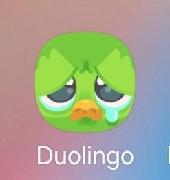 El icono de Duolingo en mi teléfono. Es un buho verde que está llorando.