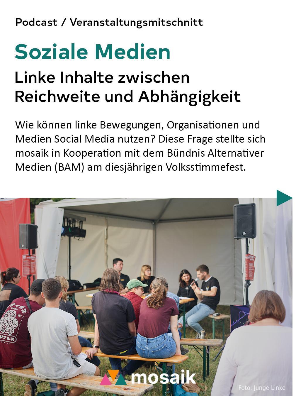 Bewerbungsslide der Podcastfolge "Soziale Medien: Linke Inhalte zwischen Reichweite und Abhängigkeit"