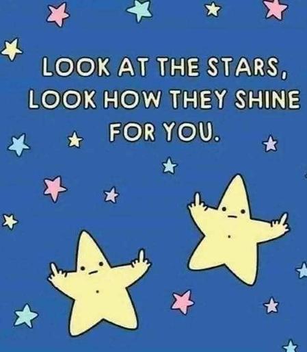 look at the stars, look how they shine for you - [pic of stars with middle fingers up]