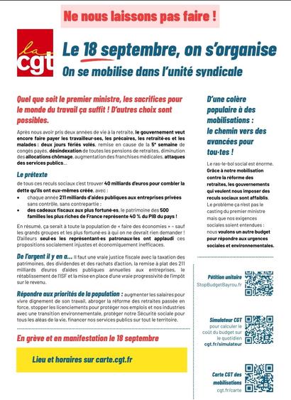 Grève le jeudi 18 septembre 2025 avec la Confédération Générale du Travail France Travail Bourgogne Franche Comté 🔴🟡🕊