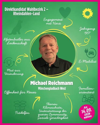Wahlplakat von Bündnis 90/Die Grünen für den Direktkandidaten Michael Reichmann im Wahlbezirk 2 – Rheindahlen-Land. In der Mitte ein Porträtfoto von Michael Reichmann vor grünem Hintergrund, umrahmt von gelben Pfeilen mit Schlagworten: „Engagement mit Herz“, „Jahrgang 1957“, „E-Mobilist“, „Familienorientiert“, „Themen: Klimaschutz, Unterstützung der queeren Community, Soziale Gerechtigkeit“, „Trödelfan“, „Offenheit für Neues“, „Mut zur Veränderung“ und „Pfotenbutler aus Leidenschaft“. Oben rechts das grüne Sonnenblumen-Logo, unten rechts ein Kreis mit der Aufschrift „Am 14.09. GRÜN wählen“.