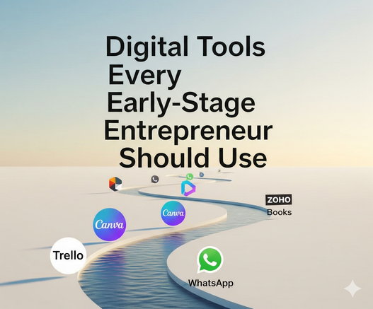 Illustration of a winding path with digital tool icons like Trello, Canva, WhatsApp, and Zoho Books placed as milestones, with text ‘Digital Tools Every Early-Stage Entrepreneur Should Use’.