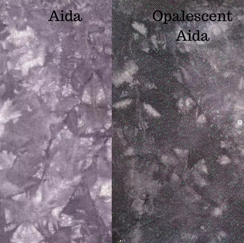 Aida and Opalescent Aida fabric dyed in a heavily marbled light grey-purple.