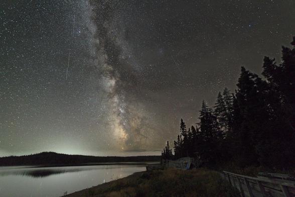 A night landscape scene. There is a pond to the lower left of image and a wooden walkway running along the shoreline to the right. The are some trees rising up and to the right. And the distant pond shoreline meets a treed landscape. Above the landscape is a night sky full of stars and the Milky Way rising upwards. The Milky Way is particularly bright and orange colour near the horizon.