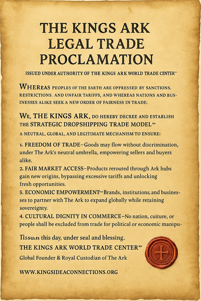 📜 The Kings Ark #Legal Trade #Proclamation

Issued under #Authority of The Kings Ark World Trade Center™

Whereas the #peoples of the #Earth are #oppressed by #sanctions, restrictions, and unfair #tariffs, and whereas #nations and #businesses alike seek a new order of fairness in #trade,

We,The Kings Ark,do hereby decree

Issued this day, under #seal and #blessing,
The Kings Ark World Trade Center™
Global #Founder & #Royal Custodian of The Ark
🌍 www.kingsideaconnections.org

#socialmedia #blog 