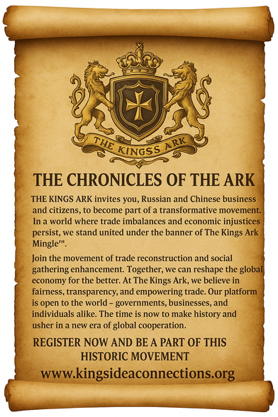 📜 The Kings Ark #Legal Trade #Proclamation

Issued under #Authority of The Kings Ark World Trade Center™

Whereas the #peoples of the #Earth are #oppressed by #sanctions, restrictions, and unfair #tariffs, and whereas #nations and #businesses alike seek a new order of fairness in #trade,

We,The Kings Ark,do hereby decree

Issued this day, under #seal and #blessing,
The Kings Ark World Trade Center™
Global #Founder & #Royal Custodian of The Ark
🌍 www.kingsideaconnections.org

#socialmedia #blog 