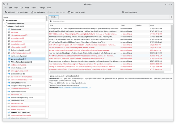 Screenshot of the Akregator RSS reader (Linux desktop) illustrating a number of Mastodon and Bluesky account feeds. A collection of Python scripts (atp2rss) helps create the opml feed lists from exported files.