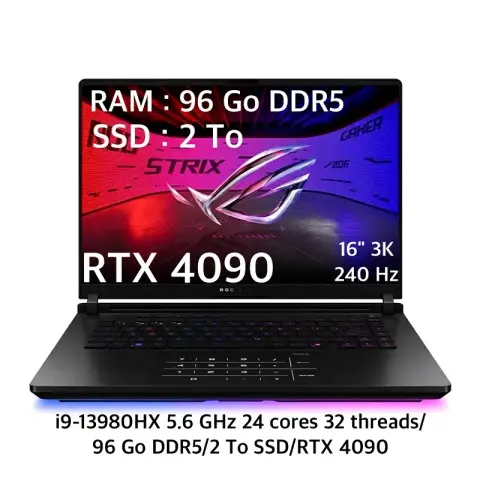 PC portable gamer ASUS ROG Strix SCAR 16 avec processeur Intel Core i9-13980HX, carte graphique RTX 4090, 96 Go DDR5, SSD 2 To et écran Mini LED 16 pouces 3K 240Hz.
