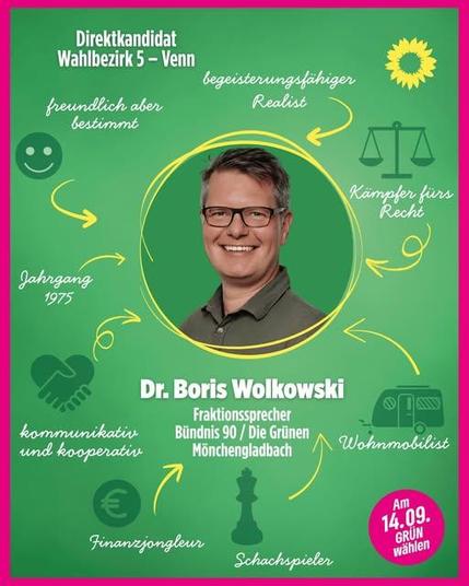 Wahlplakat der Grünen Mönchengladbach für Dr. Boris Wolkowski, Direktkandidat im Wahlbezirk 5 – Venn. In der Mitte ein Porträt von Dr. Boris Wolkowski mit Brille und grünem Hemd, umrahmt von gelbem Kreis. Darum angeordnet verschiedene Eigenschaften und Symbole: „freundlich aber bestimmt“ mit Smiley, „Jahrgang 1975“, „kommunikativ und kooperativ“ mit Sprechblasen, „Finanzjongleur“ mit Euro-Symbol, „Schachspieler“ mit Schachfigur, „Wohnmobilist“ mit Wohnmobil, „Kämpfer fürs Recht“ mit Waage, „begeisterungsfähiger Realist“ mit Sonne. Unten steht sein Name und Titel: „Dr. Boris Wolkowski, Fraktionssprecher Bündnis 90/Die Grünen Mönchengladbach“. Rechts unten ein pinker Kreis mit Hinweis: „Am 14.09. GRÜN wählen“.