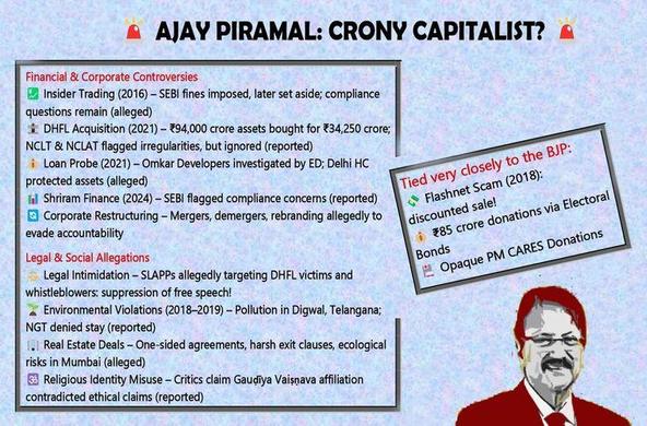 The DHFL scam exposes alleged crony capitalism by Ajay Piramal, including undervalued acquisitions, insider trading, environmental violations, and SLAPPs against victims. Close ties to the BJP raise accountability concerns, while ordinary investors face massive losses. Citizens are mobilizing to demand justice and protect public health and financial security.