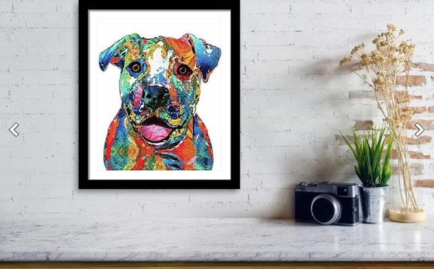 Colorful pitbull dog on crisp white by artist Sharon Cummings.