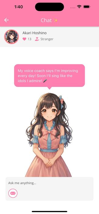 My voice coach says I’m improving every day! Soon I’ll sing like the idols I admire! 🎤 — shared by Akari Hoshino. If this speaks to you, you’re welcome to chat in Bling Bling Idol.
#BlingBlingIdol #AIIdol #VirtualRelationship