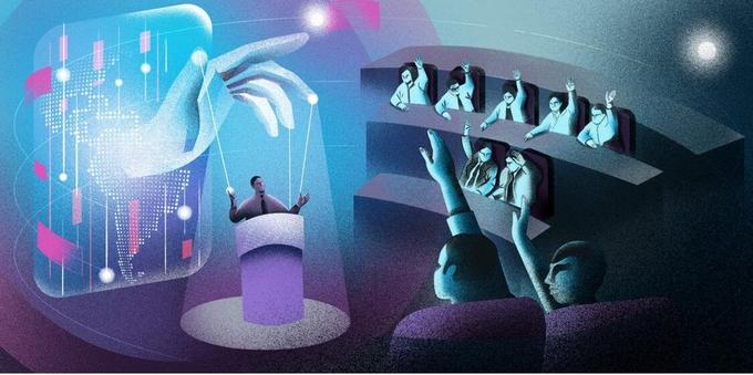 ilustración que representa a un político manipulado por la mano invisible de las empresas tecnológicas en el parlamento