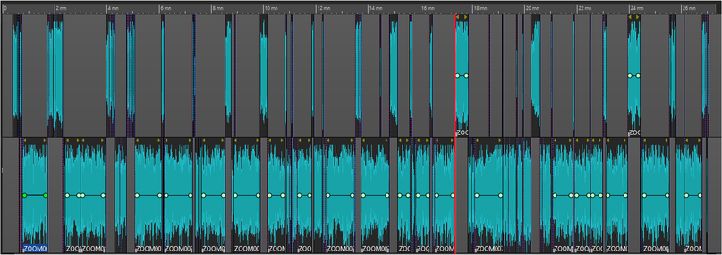 Das Bild zeigt eine Audio-Editierungssoftware mit einer Zeitachse oben und einem Audiosignal darunter. Die Zeitachse ist in Minuten und Sekunden markiert, und die Audiosignale sind in verschiedenen Abschnitten dargestellt, die durch horizontale Linien getrennt sind. Die Audiosignale sind in einem dunklen Blau dargestellt, und die Peaks sind in einem helleren Blau hervorgehoben. Die Software ermöglicht es dem Benutzer, verschiedene Abschnitte des Audiosignals zu bearbeiten und zu analysieren.