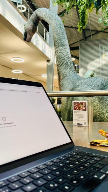 Au premier plan un ordinateur portable. Au fond, le long coup d’un dinosaure en plastique en taille réelle. Et des fausses plantes tropicales. 