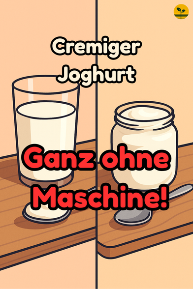 Glas Milch links, fertiger Joghurt im Glas rechts, beide auf Holztisch.