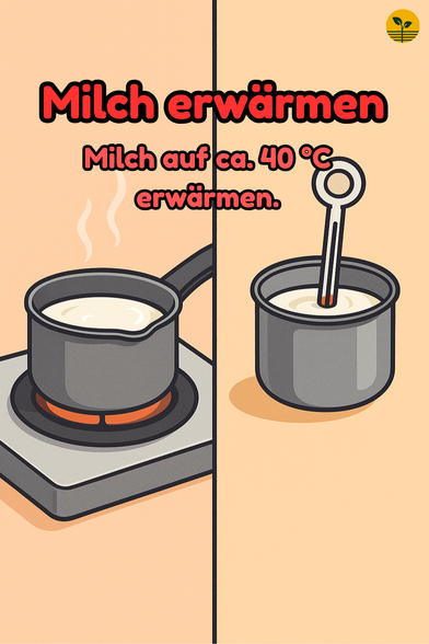 Links Topf mit dampfender Milch, rechts Topf mit Thermometer bei 40 °C