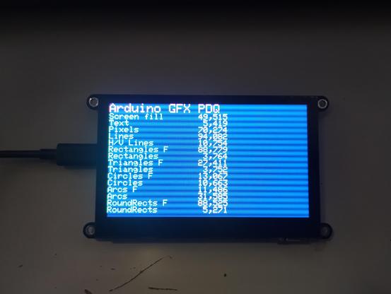 The JC4827W543C 4.3 inch touch display running Arduino GFX PDQ test code