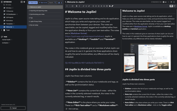 Screenshot of the author's Joplin note-taking app setup on MacOS with multiple vertical windows, including for markdown editing. 