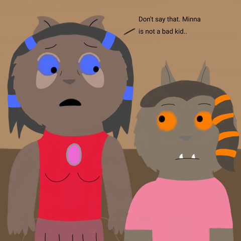 Drawing of Rose looking worried at Grace and says "Don't say that. Minna is not a bad kid.." and Grace looks at her with surprised expression